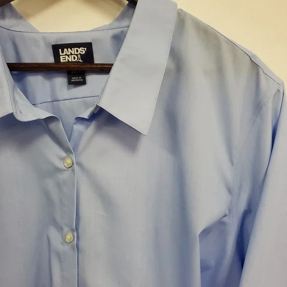 Lands End Womens Wrinkle Free 3/4 Sleeve Button Up Top Size 32W Blue Office - Picture 2 of 11
